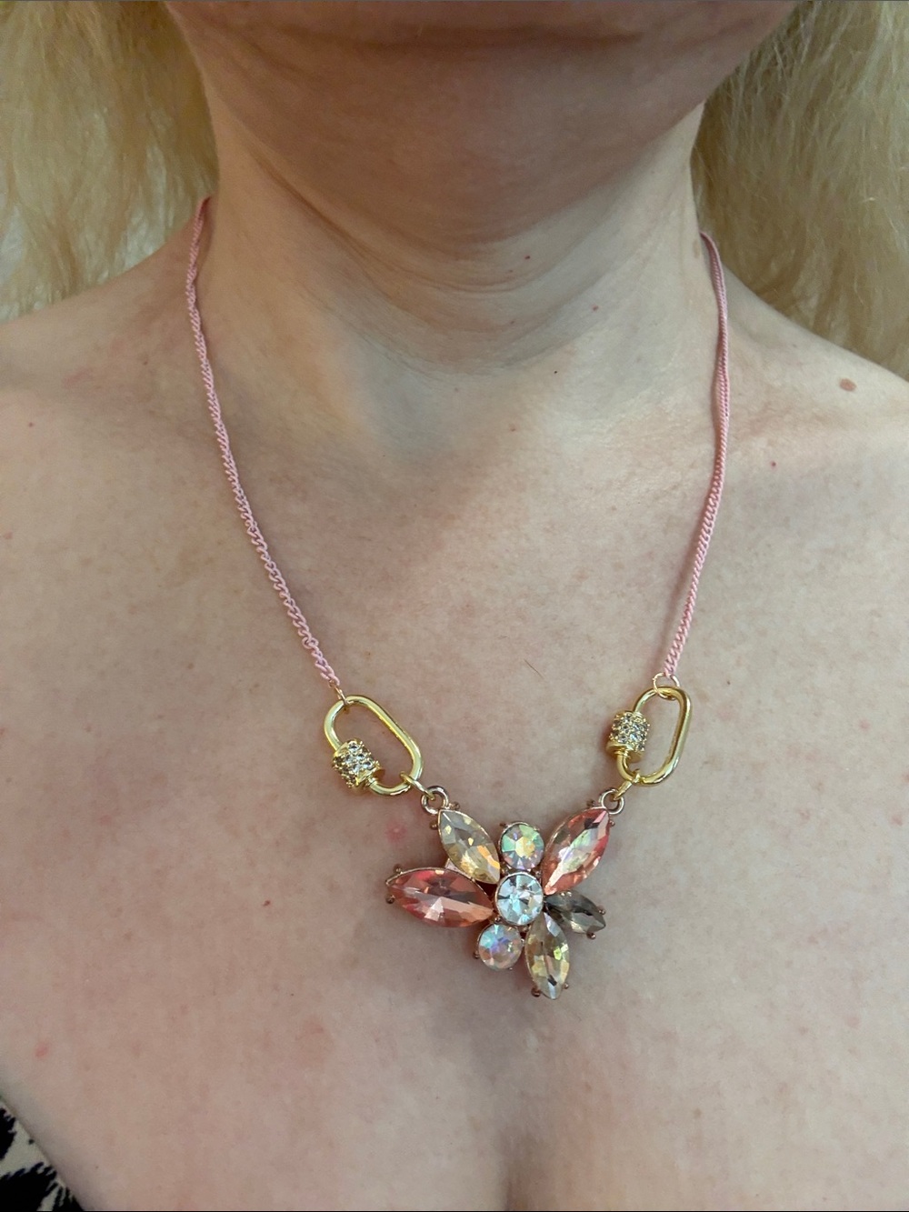 Hand-Crafted Delicate Pink Crystal Flower Necklace With Carabiner Clasps